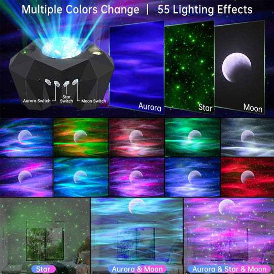 Aurora Galaxy Moon Projector with Remote Control - Built-In Speaker - 55 Lighting Effects